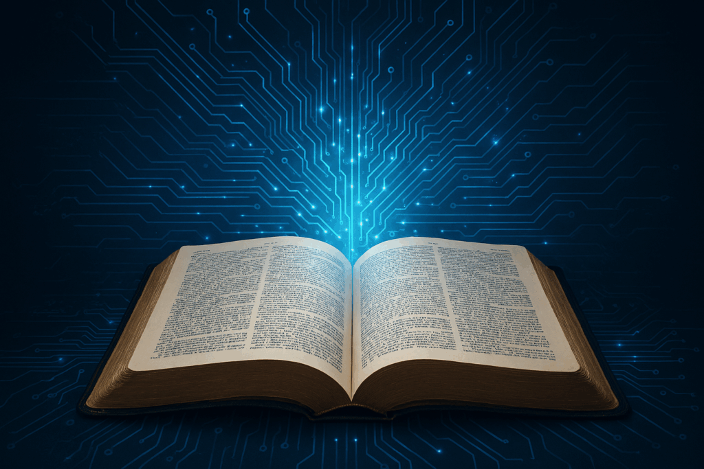 Alt text: “Bíblia aberta com circuitos digitais e luz azul, simbolizando a conexão entre fé e inteligência artificial.