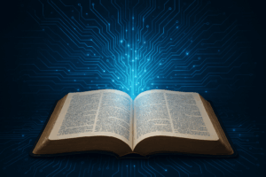 Alt text: “Bíblia aberta com circuitos digitais e luz azul, simbolizando a conexão entre fé e inteligência artificial.