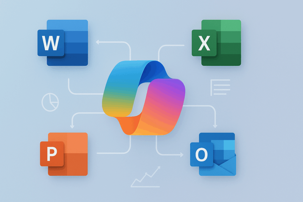 Microsoft 365, Office, Copilot, Inteligência Artificial, Word, Excel, PowerPoint, Outlook, OneNote, Produtividade, Automação, IA no trabalho