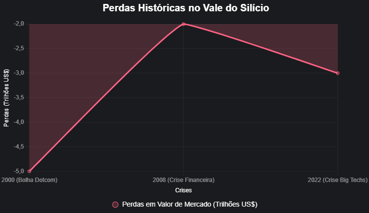 Gráfico: Perdas Históricas Gráfico de linha mostrando quedas em valor de mercado (em trilhões de US$), com pontos destacados para cada crise. Escala negativa para enfatizar perdas.