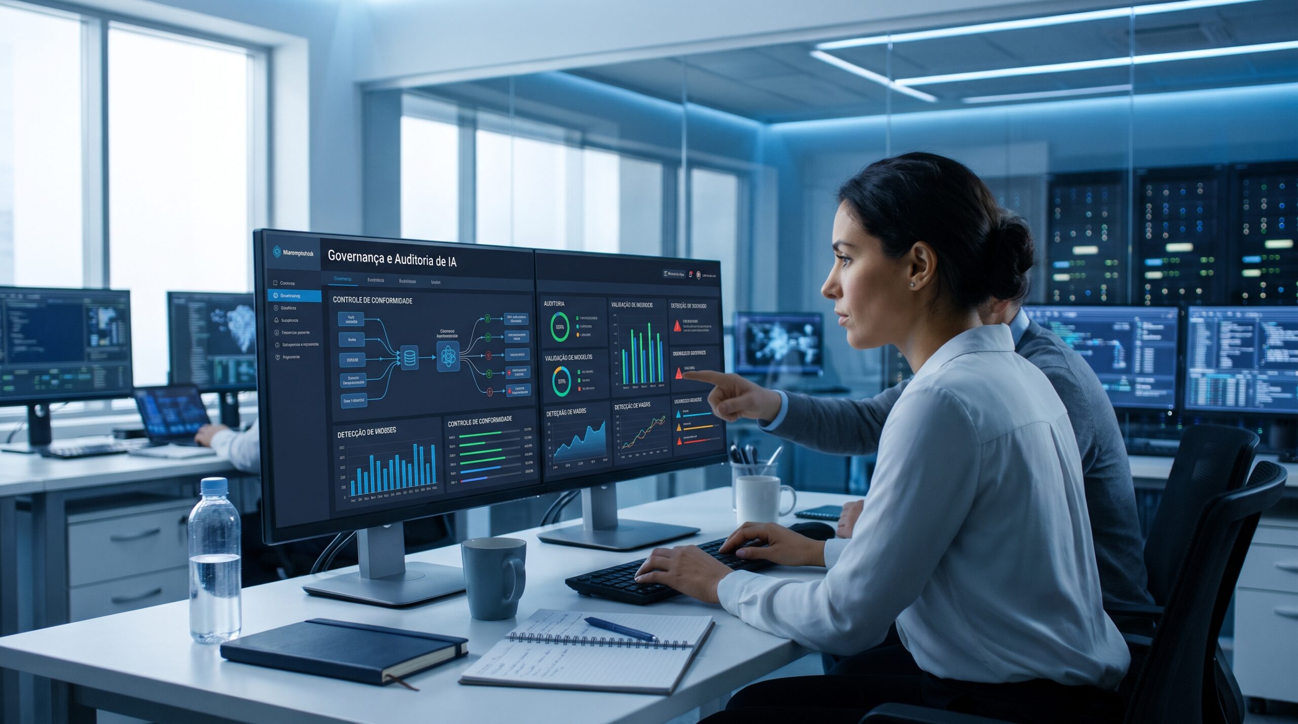 Painel abstrato de governança de algoritmos de inteligência artificial com visualização de dados e auditoria de processos