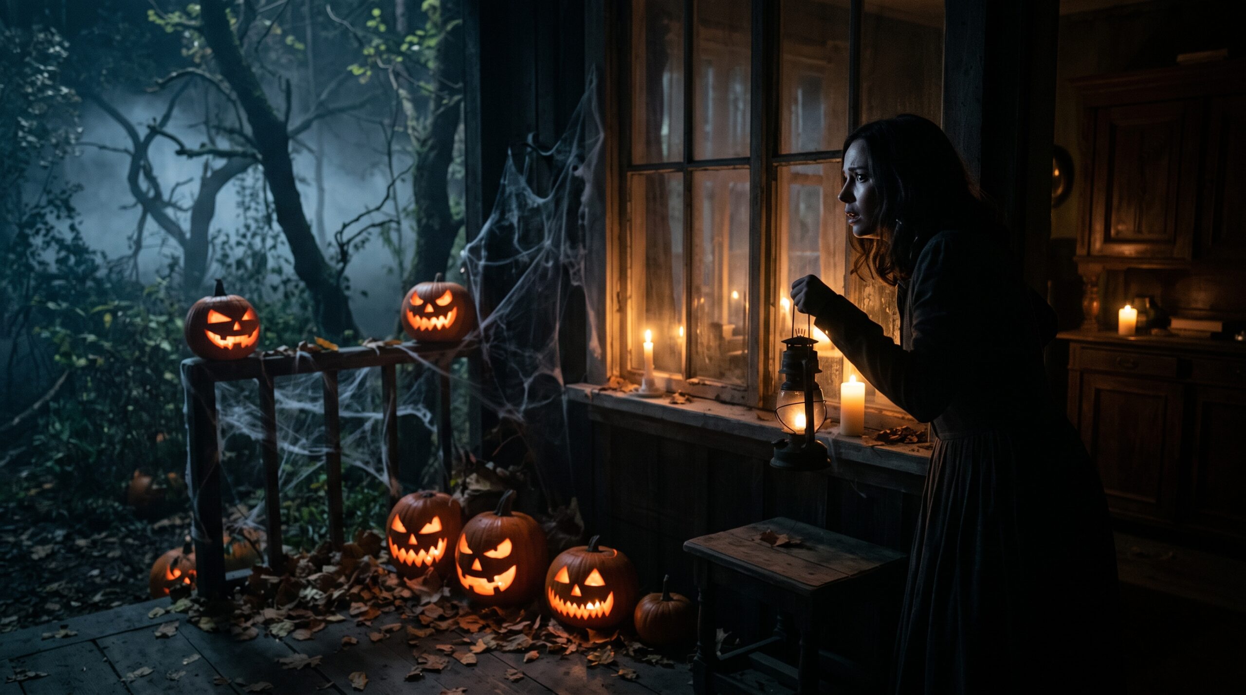 Cenário de floresta e névoa escura com iluminação atmosférica para produções de terror no streaming