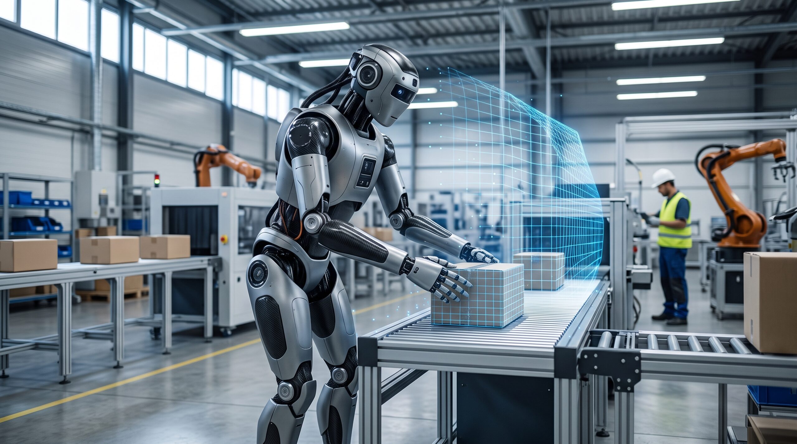 Robô bípede humanoide operando com sensores de computação espacial em linha de montagem industrial