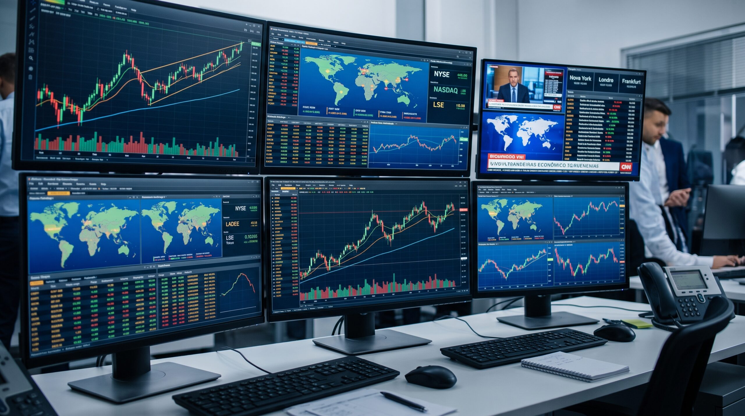 Gráficos de mercado financeiro em telas de monitoramento econômico internacional