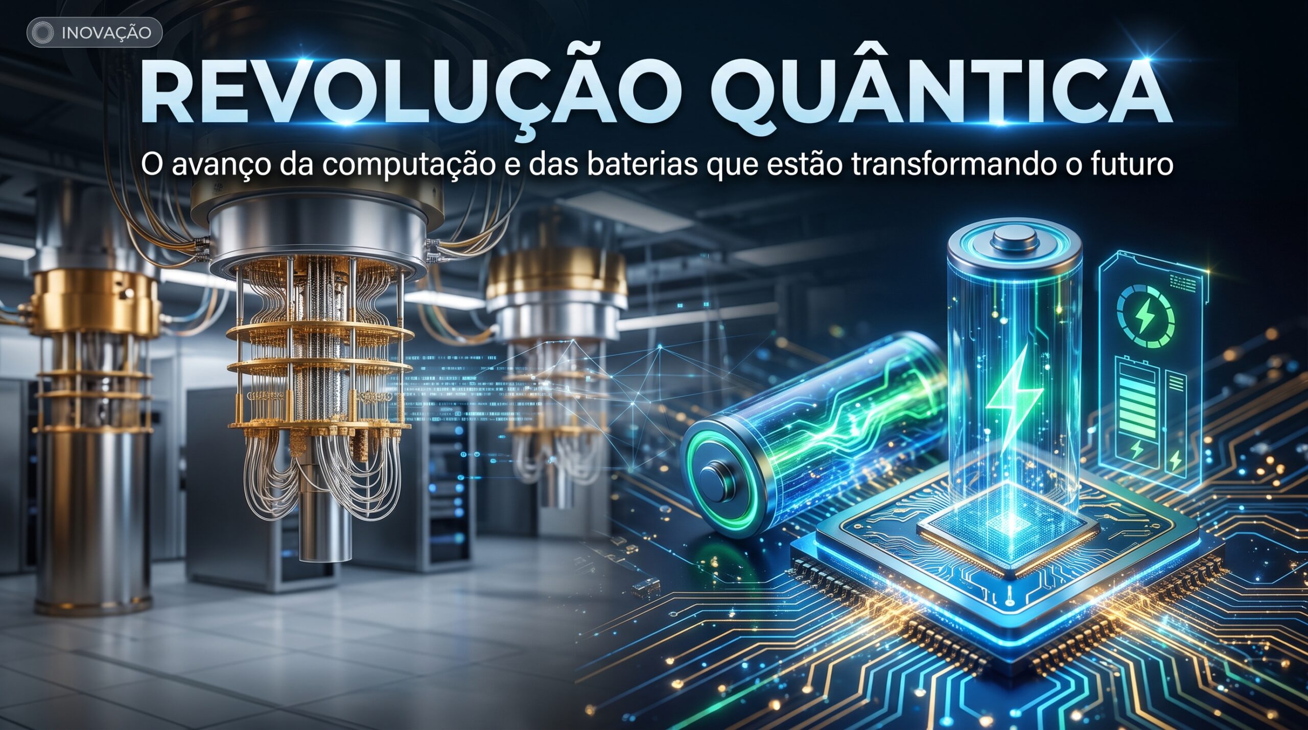 Visual conceitual de processador quântico com circuitos criogênicos brilhando em tons de azul e dourado